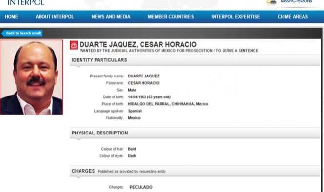 Emite Interpol ficha roja para captura de César Duarte