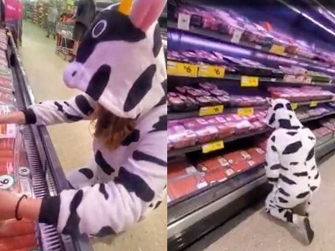 Vegana se viste de vaca y llora frente a sección de carnes