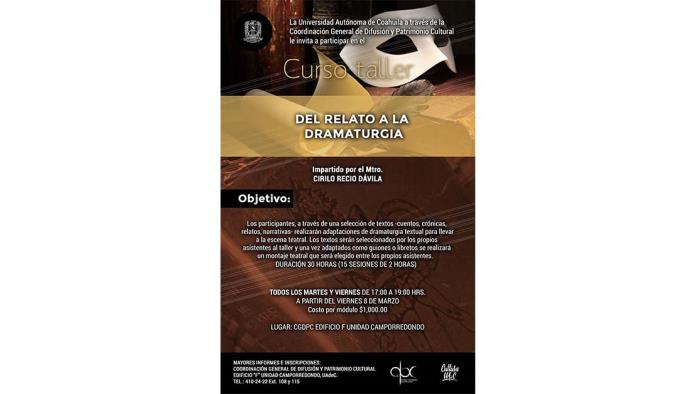 Invita UAC a curso “Del Relato a la Dramaturgia”