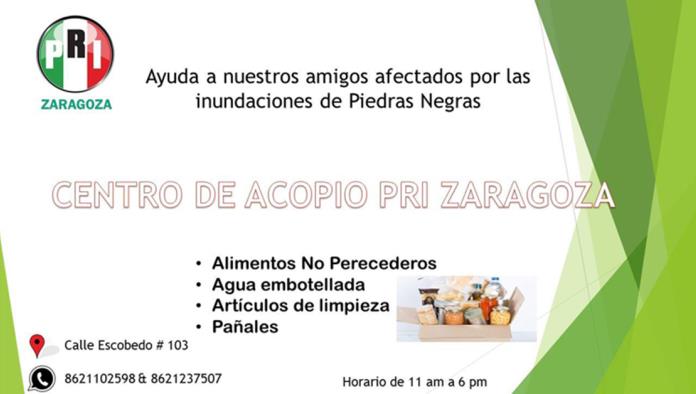 Apoya PRI de Zaragoza con centro de acopio para damnificados