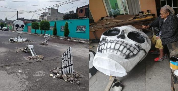 Con cascajo vecinos organizan “la calaverada” en calles de Tláhuac
