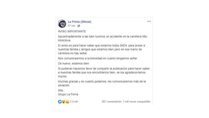 Comunicado Oficial De Grupo La Firma después de sufrir accidente