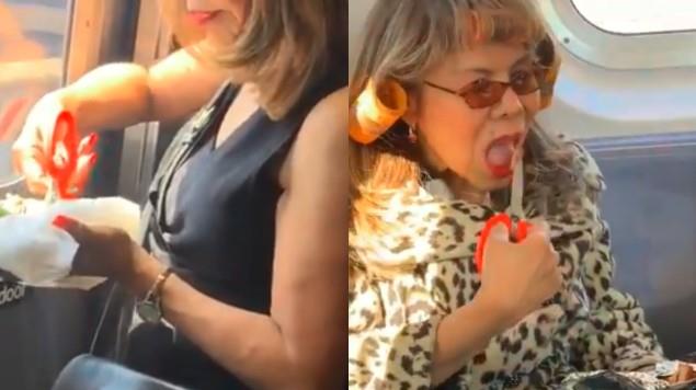 En pleno Metro, señora come taquitos ¡con tijeras! (VIDEO)