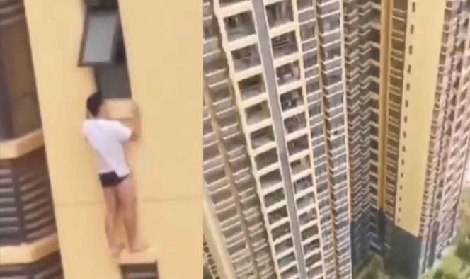 Captan a hombre semidesnudo colgando de edificio, aquí la historia