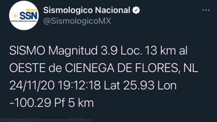 Se registra sismo de 3.9 en Nuevo León