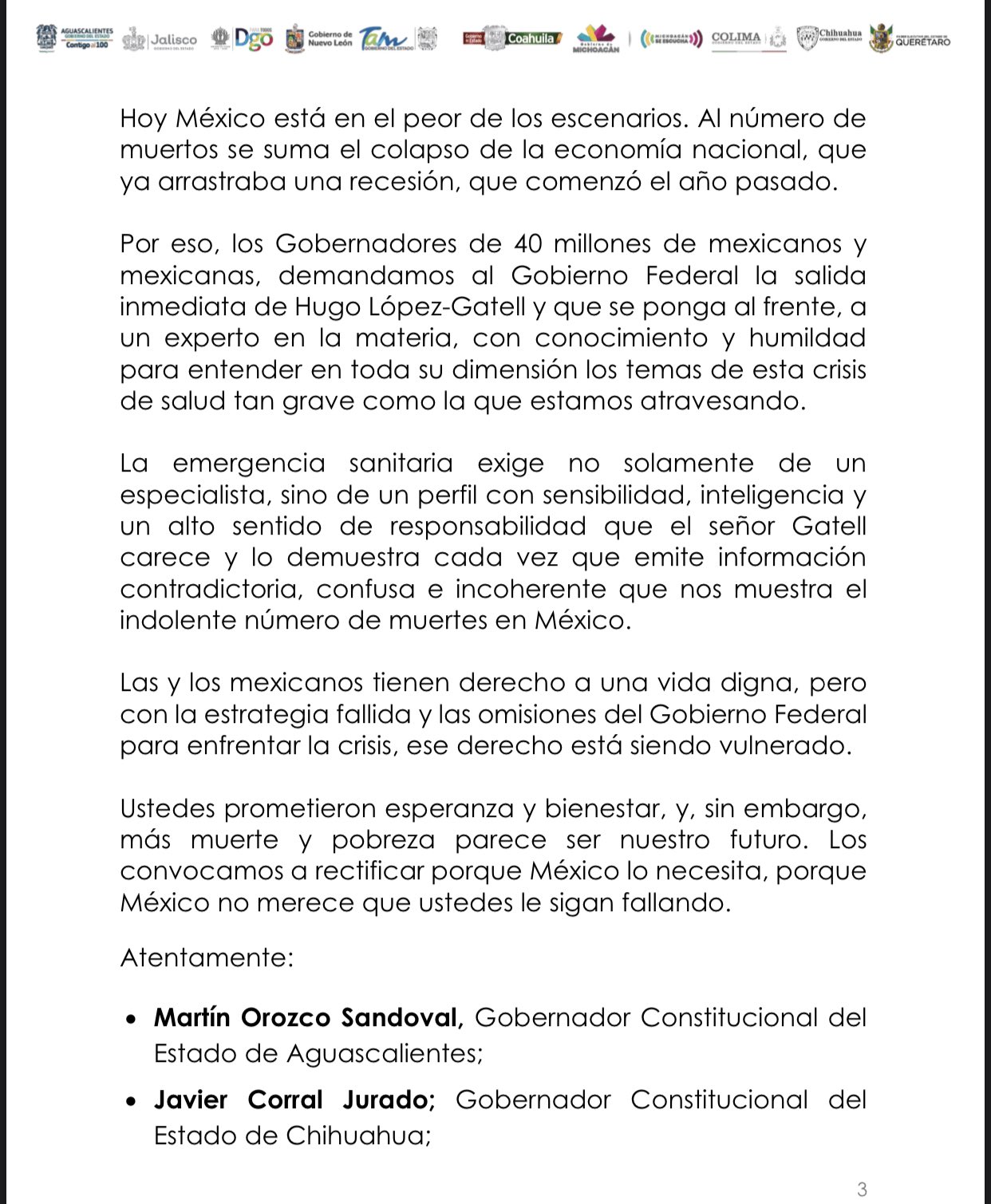 10 gobernadores de Alianza Federalista piden renuncia de López-Gatell