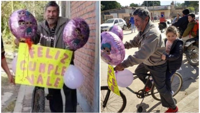 Abuelito adorna su bicicleta con globos para buscar a su nieta en la escuela