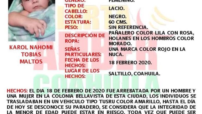 Autoridades de Coahuila emiten alerta Amber por desaparición de bebé en Saltillo; uniformados sitian la ciudad