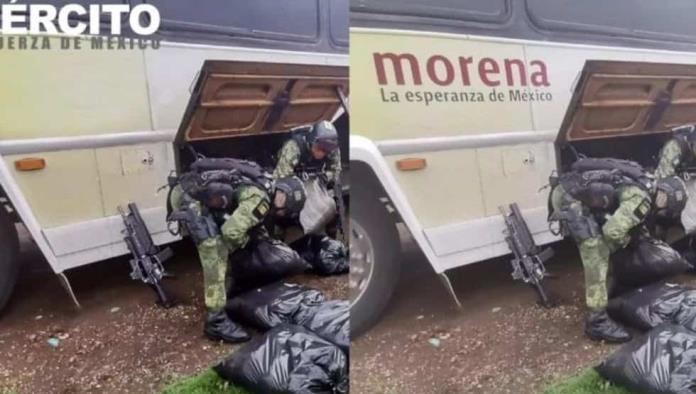 Exhiben a Sedena por borrar logo de Morena de autobús con 280 kg de cristal