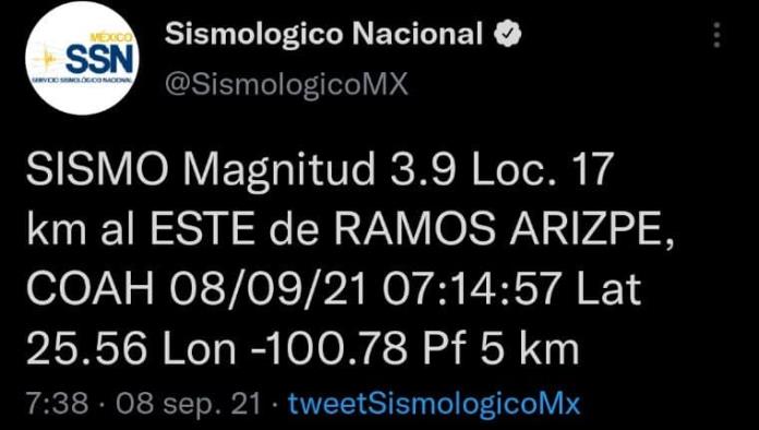 Sismo de magnitud 3.9 en Ramos Arizpe