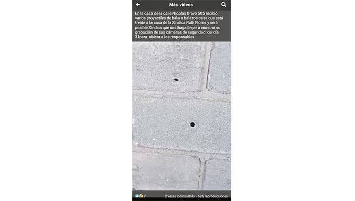 Al menos 5 impactos de bala pegaron en la pared de la Síndico Ruth Flores, sin embargo aún se desconoce quién los hizo o por qué motivo.