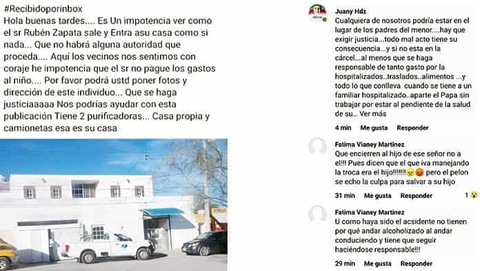 Por redes sociales miembros de la comunidad se volcaron en contra de Rubén Zapata quien es señalado como responsable del accidente donde fue tropellado el menor Emiliano López.