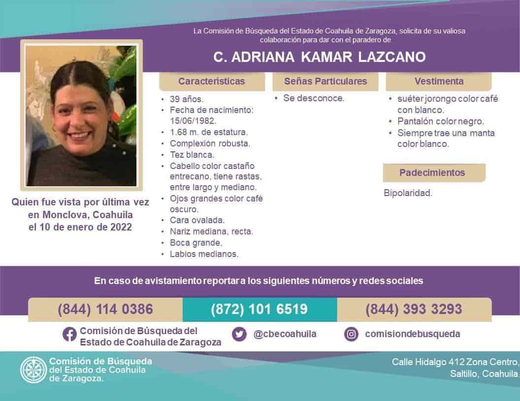 Continúa la búsqueda de Adriana Kamar, la monclovense que desapareció el 10 de enero.