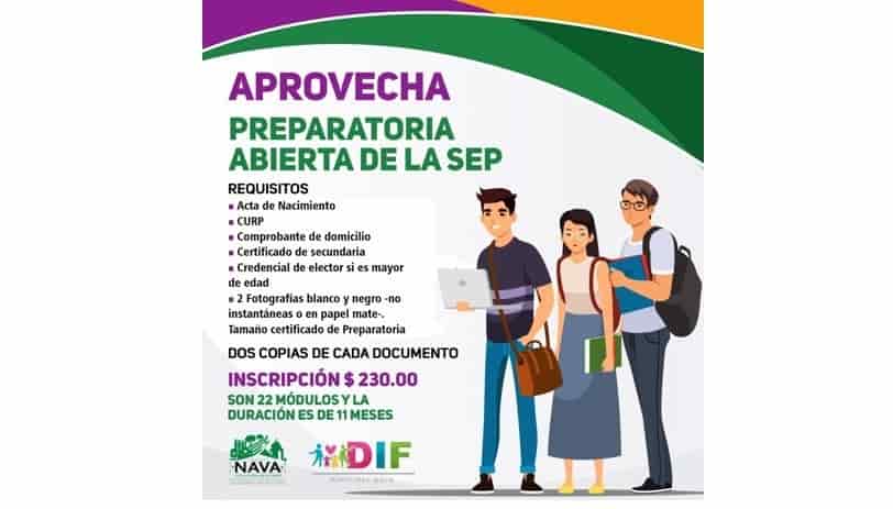 Inician inscripciones para la prepa abierta a  través del DIF Nava