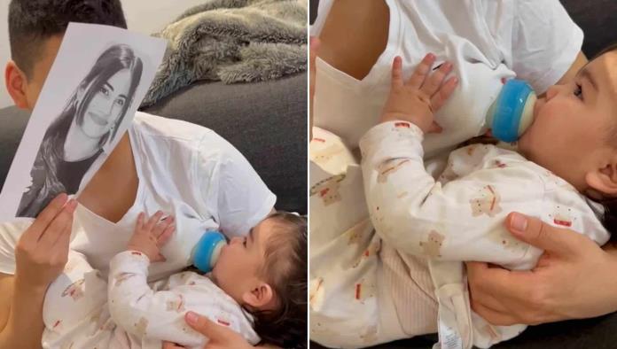 Papá usa una máscara con la cara de su esposa para engañar a su bebé
