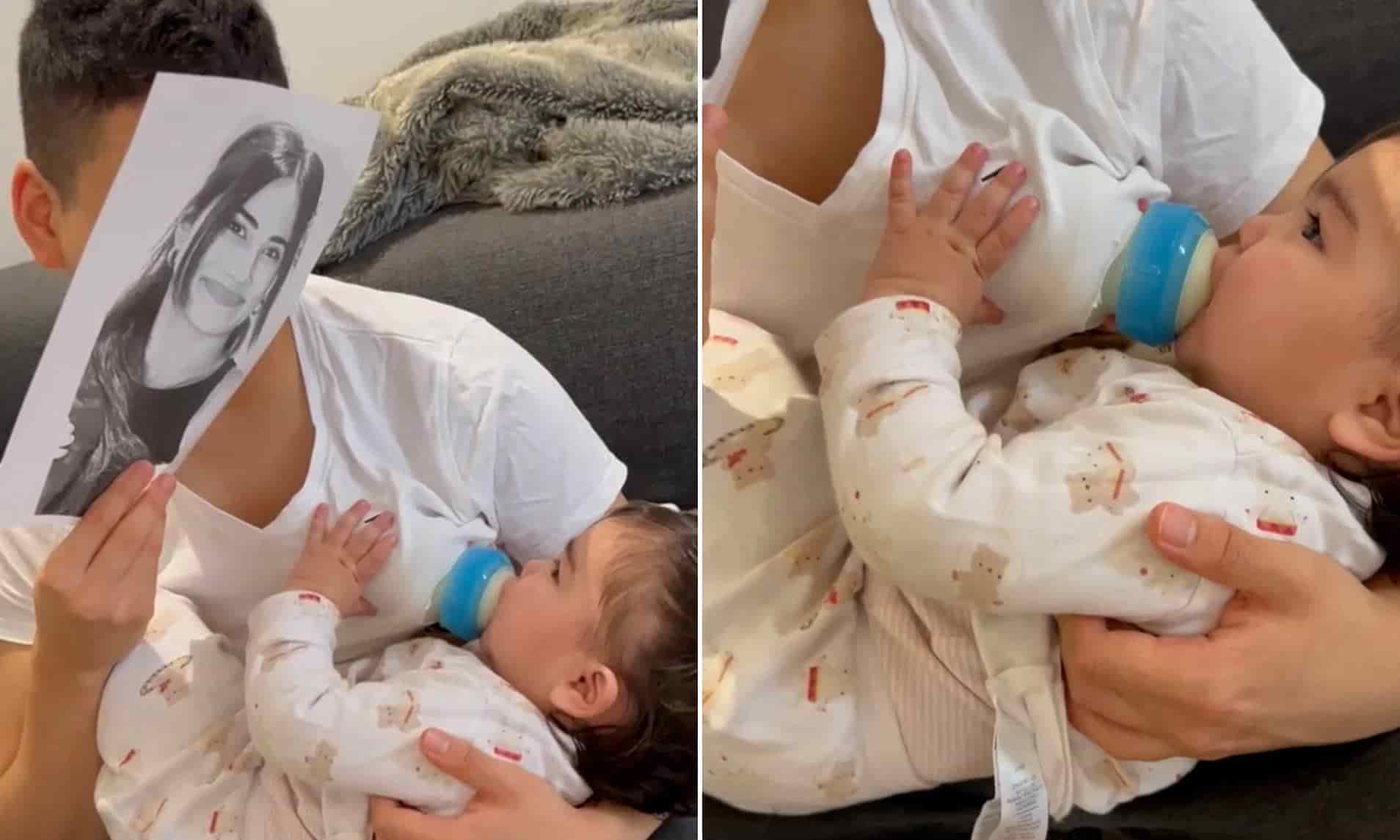 Papá usa una máscara con la cara de su esposa para engañar a su bebé