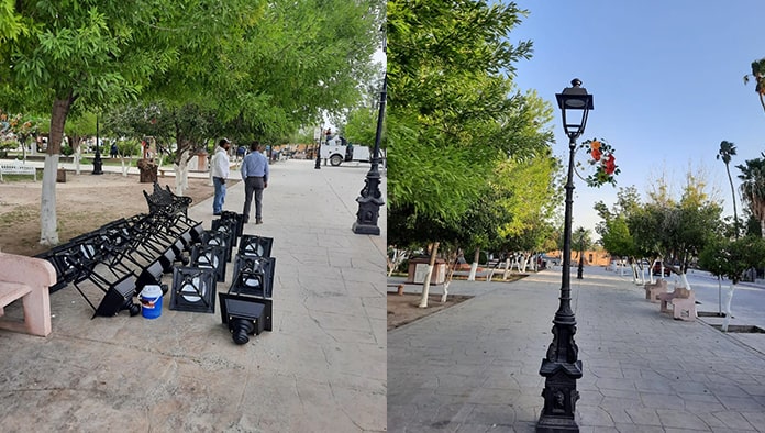 En la Plaza Principal de Cuatro Ciénegas se renovaron las luminarias. Los nuevos arbotantes son más coloniales.
