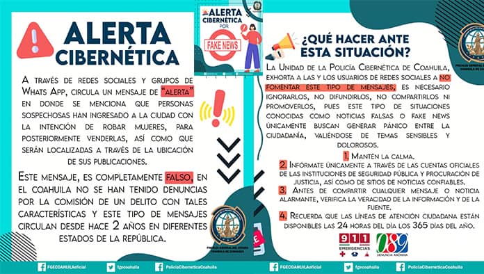 Alerta FGE Coahuila circulan Fakes News  que reportan  falsos secuestros a mujeres.