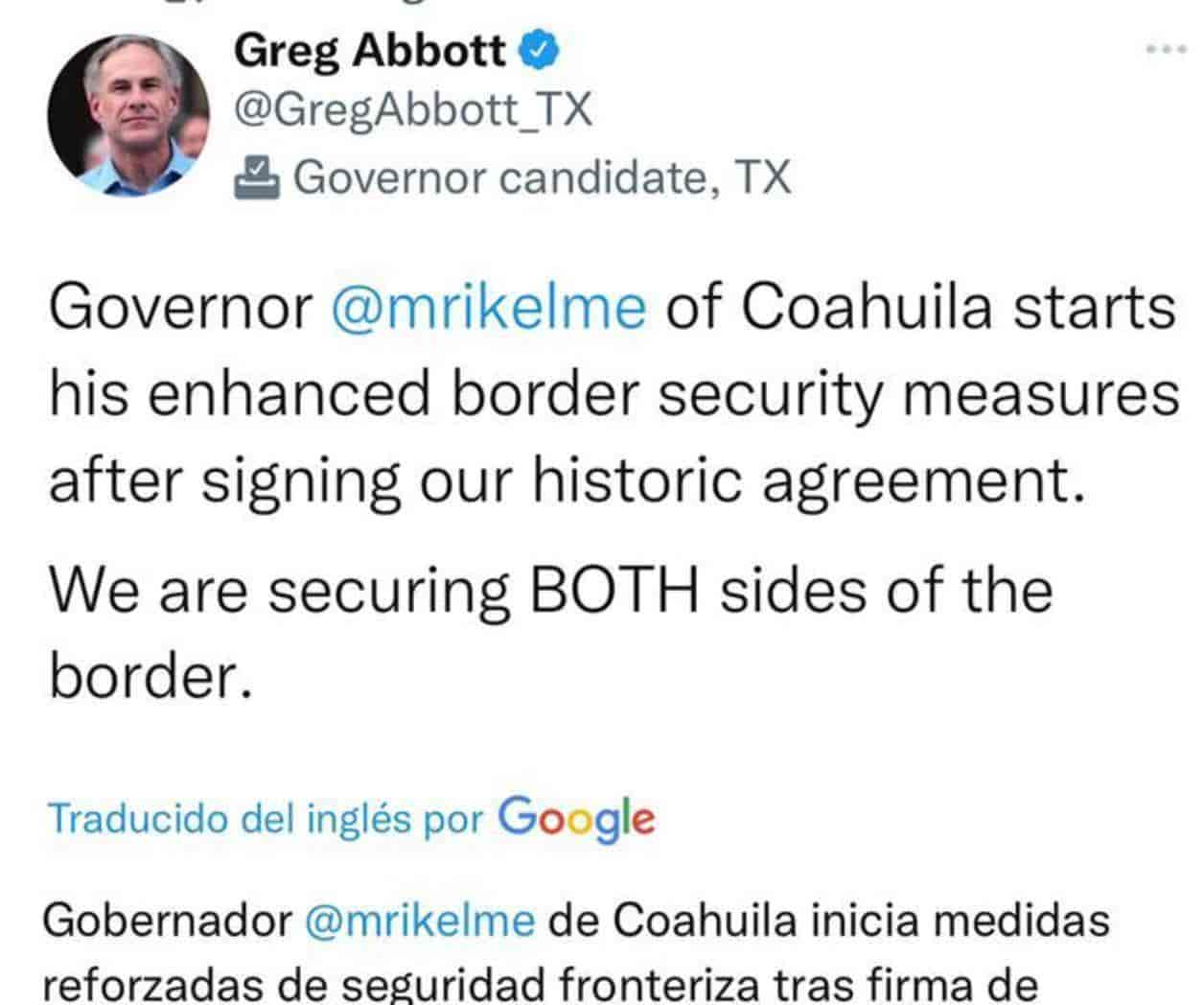 Gobernador de Texas agradece a Riquelme seguridad en la frontera