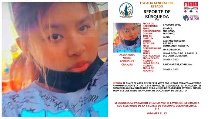 Se considera por su edad de Alexandra su integridad pudiera estar en riesgo, o pudiera ser víctima de algún delito.
