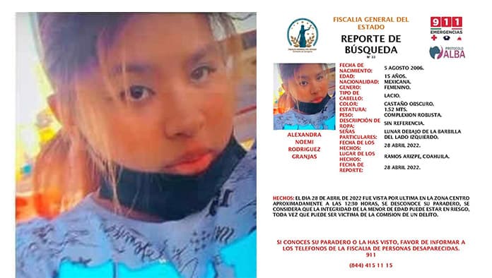 Continúa con la búsqueda de Alexandra Noemi Rodríguez Granja, de 15 años.