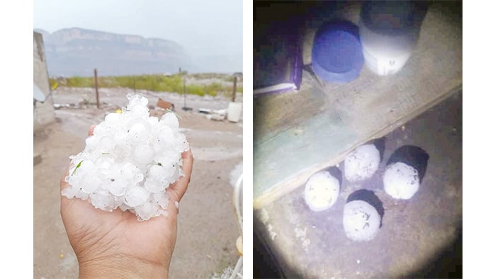 Reportan caída de granizo de gran tamaño en la sierra de Múzquiz.