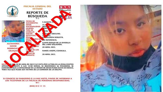 Tras una semana desaparecida, localizan sana y salva a niña coahuilense