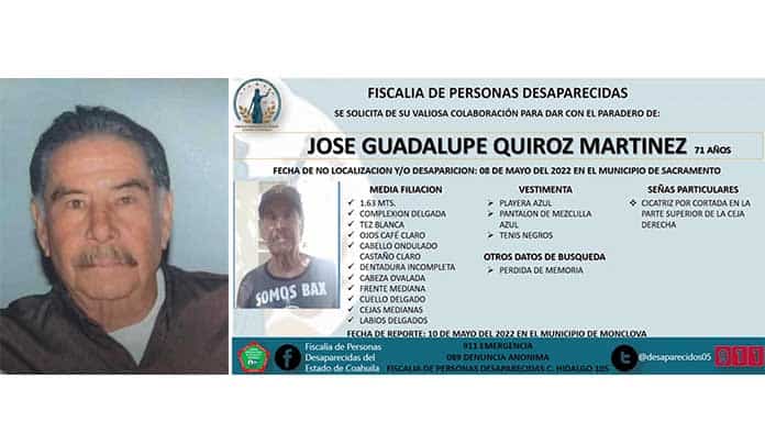 Buscan a de Don José Guadalupe Quiroz Martínez, adulto mayor originario de Sacramento,