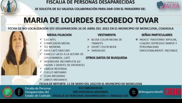 Buscan en Monclova a María de Lourdes; no aparece desde hace 25 días
