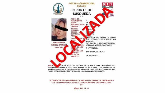 Después de que se emitió la ficha de búsqueda y localización de la joven Alessandra Michel Ramírez, se informó que la joven ya fue localizada por las autoridades.