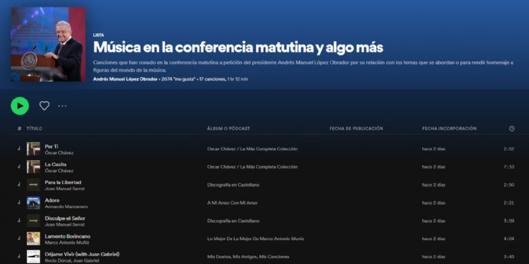 AMLO comparte playlist de la mañanera; desde Calle 13 hasta Chente