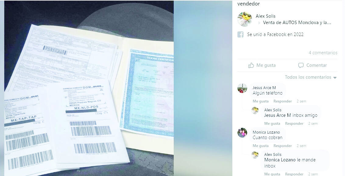 A través de redes sociales se realiza la venta de títulos de autos americanos.
