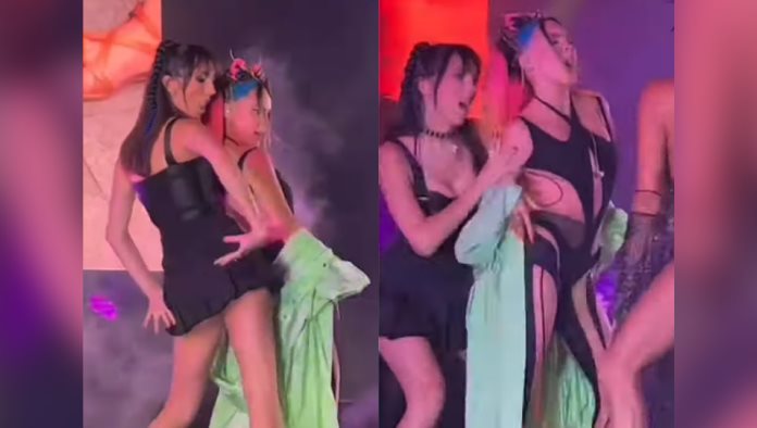 Belinda recrea el beso de Britney, Madonna y Christina durante show