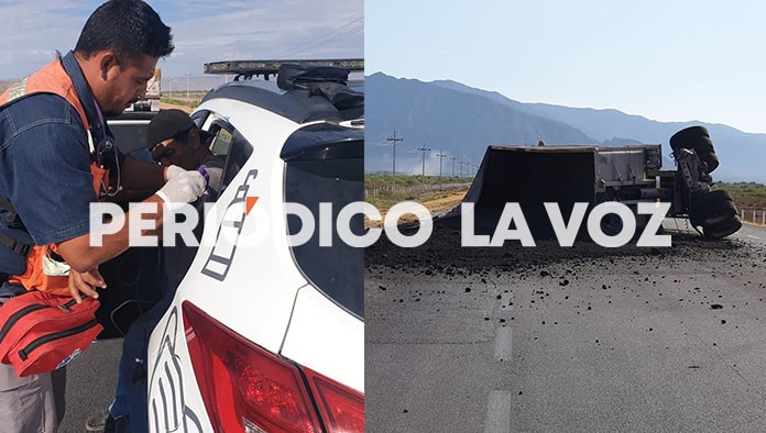 Un tráiler que portaba grava quedó recostado sobre la carretera 30. El conductor fue atendido por paramédicos de Protección Civil.
