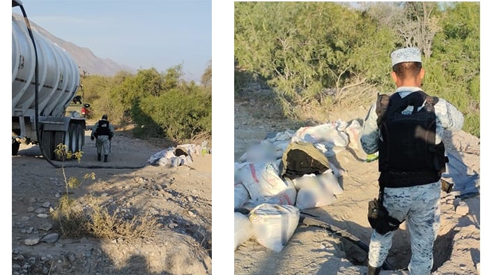 Elementos de la Guardia Nacional y de Pemex localizaron e inhabilitaron una toma clandestina en Nuevo León.