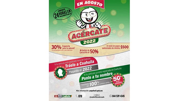Invitan a aprovechar las promociones en control vehicular que la Administración Fiscal General de Coahuila ofrece.