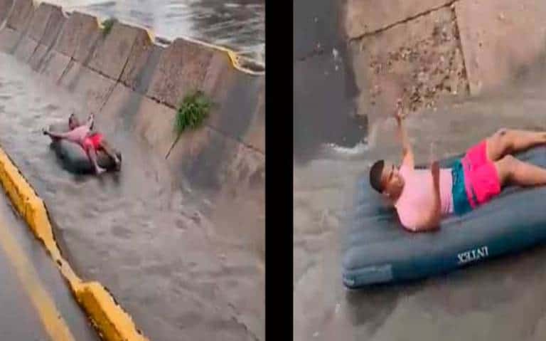 ¡Y se marchó! Joven pasea en colchón inflable y es tragado por coladera