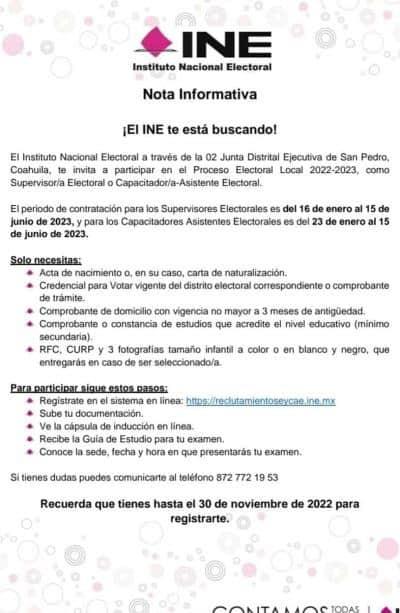 Oferta INE vacantes en Cuatro Ciénegas