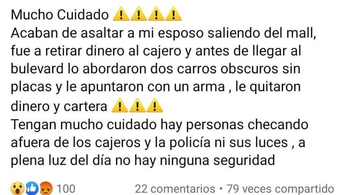 Asaltan a hombre saliendo del Mall