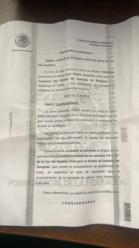 Otorgan en Coahuila primer acta no binaria