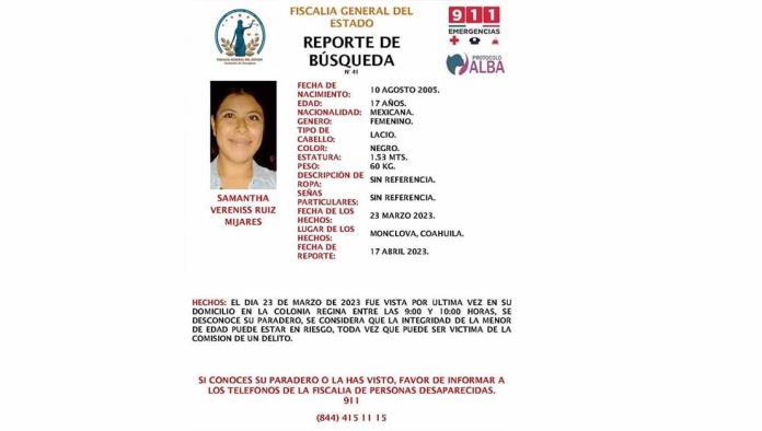 Buscan a Samantha jovencita de la colonia Regina