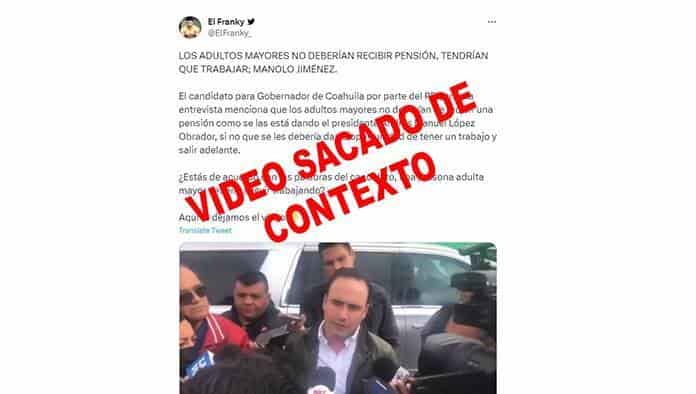 Falso que Manolo Jiménez pida quitar pensiones a adultos mayores