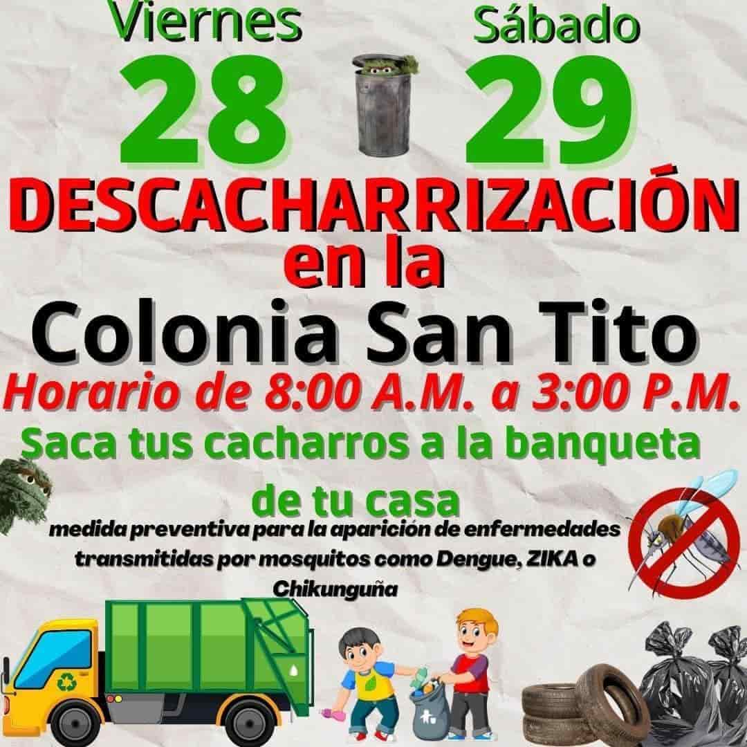 Llevarán campaña de descacharrización a la colonia San Tito