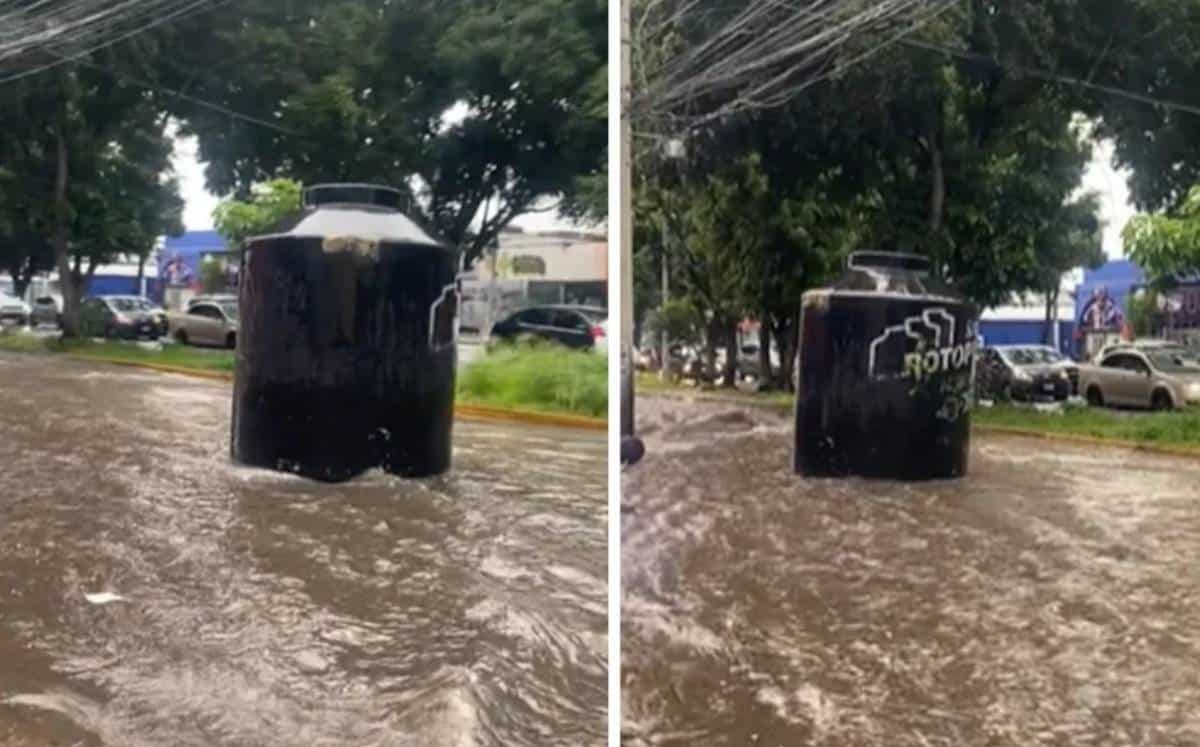 Tinaco flota por calles de Guadalajara tras fuertes lluvias