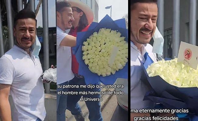Hombre se emociona y llora al recibir un ramo buchón