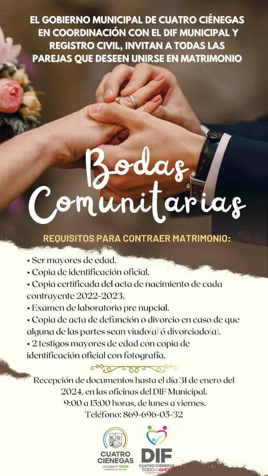 Invita Cuatro Ciénegas a Bodas Comunitarias