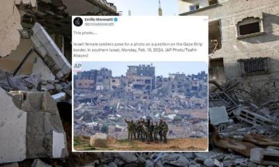 Mujeres del ejército israelí se toman selfie frente a las ruinas de Gaza