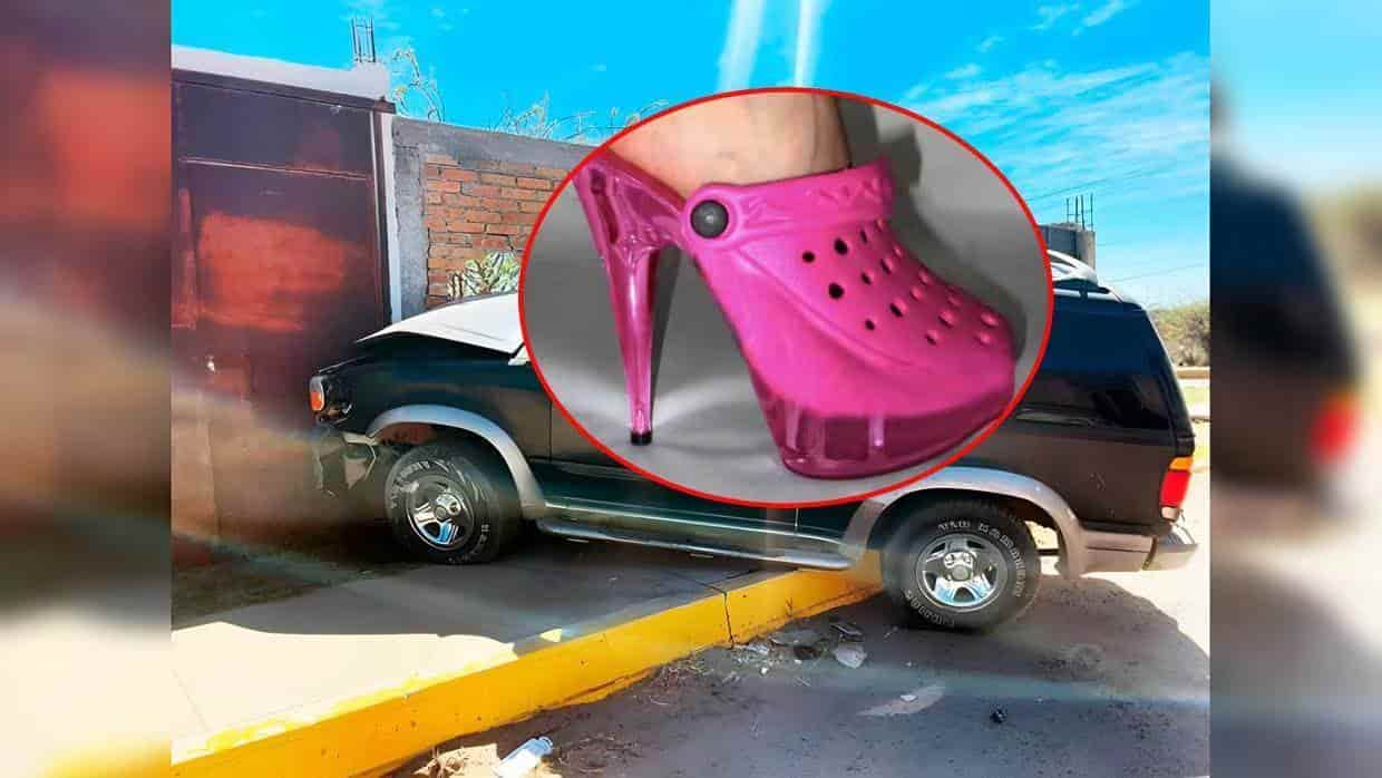 Se le atora su croc en pedal; pierde el control y destruye su camioneta