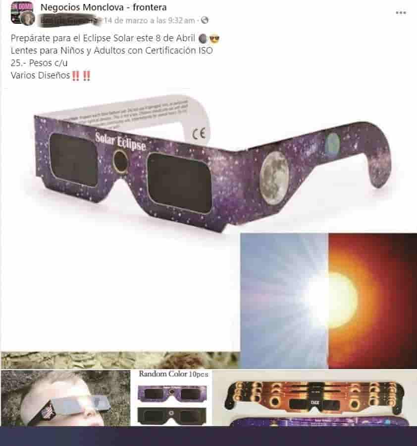 Venden lentes para el eclipse en redes sociales