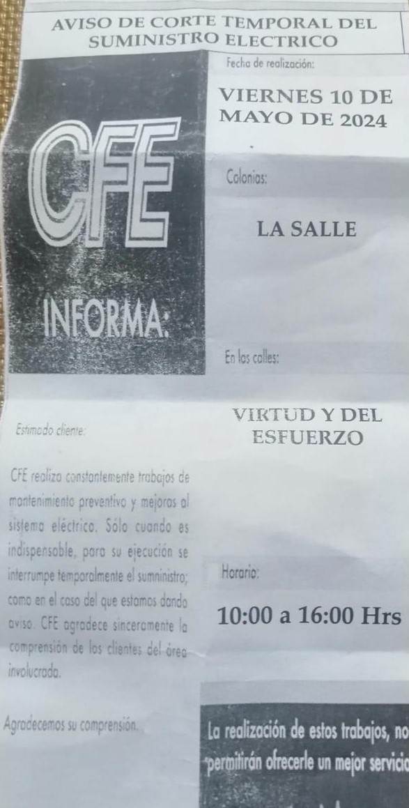 Cortara CFE luz en La Salle